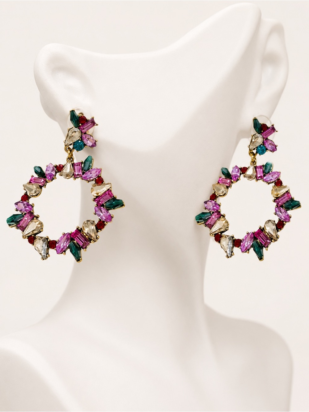Colorful Rhinestone Open Circle Drop Earrings Pink Green Red Statement Earrings
